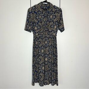 Woman’s Jones New York Dress 8 Blue and Gold‎ with Black Accents Floral Pattern